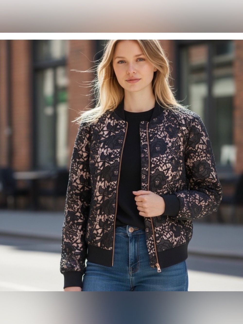 Stella & Dot Black Lace Bomber Jacket with Blush Underlay